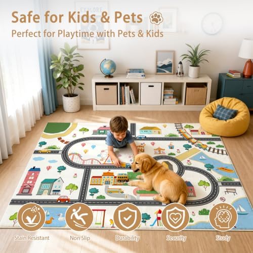 Car Rug Play Mat for Kids, Non Slip Train Track Car Rug Town City Road Map Playmat for Children, Washable Carpet for Boy Playroom Bedroom - 3x5 Ft - Image 4