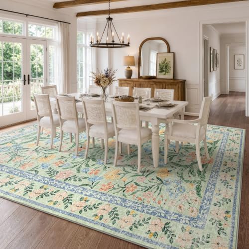 Wonnitar 10x14 Machine Washable Area Rugs, Green Floral Large Rugs for Living Room, Ultra-Thin Foldable Boho Flower Print Bedroom Carpet for Dorm Apartment Office - Image 6
