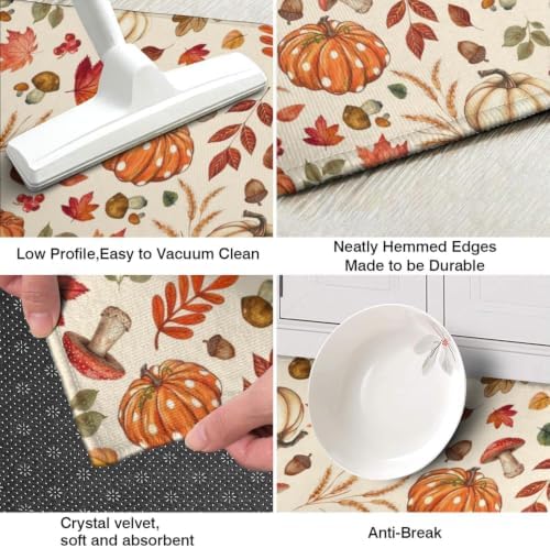 Fall Kitchen Rugs Set of 2,Fall Entrance Door Mats Pumpkin Mushroom Non Slip Kitchen Rug,Washable Anti Fatigue Mat,Kitchen Floor Washable Runner Rug, Autumn Thanksgiving Kitchen Laundry 17x30+17x47In - Image 6