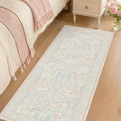 Soft Washable Runner Rug 2x6 Non Slip for Girls Bedroom, Laundry Room Rug, Kitchen, Bathroom, Floral Light Pink and Blue Stain Resistant Floor Runner Carpet Low Pile with Rubber Backing by Evyhood