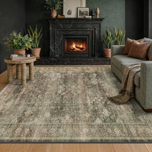 Vintage Olive Green Area Rugs for Living Room, Dining Room Under Table, 5x7 Washable Boho Dark Academia Distressed Geometric Large Rug, Stain Resistant Low Pile Anti-Slip Ultra Soft by Unknown