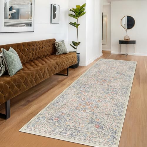 Hazo Haus Boho 3x16 Wide Hallway Runner - Beige Blue and Purple, Washable Low Pile Non Slip Stain Resistant 16ft Runner Rug for Long Kitchen, Hall Way, Floral Forest Decor - Image 3