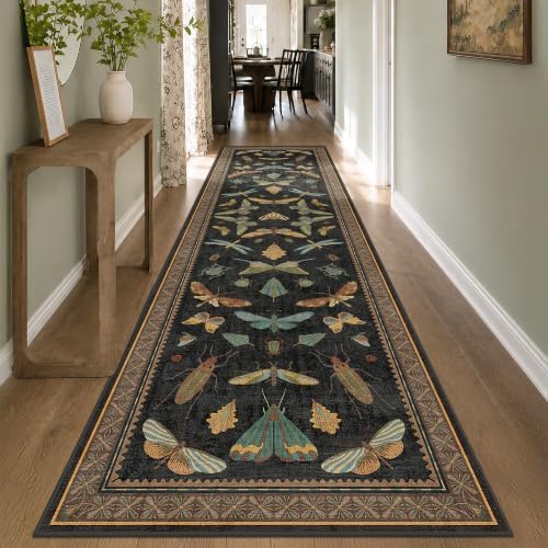 Green and Black 3x12 Long Runner Rugs for Hallway - Boho Door Rugs for Entryway Indoor Washable, 12ft Nature Insect Stain Resistant Kitchen Carpet, Low Pile & Soft Indoor Décor by HazoHaus