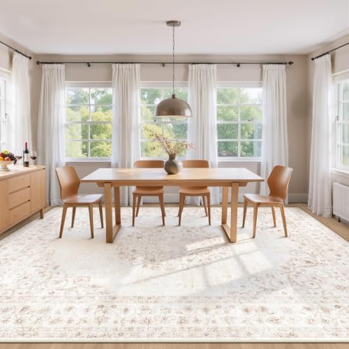 Area Rug 9x12 Vintage Rug: Large Washable Indoor Medallion Rugs Low Pile Distressed Floor Carpet Retro Accent Rug for Living Room Bedroom Kitchen Dining Table Home Office(Distressed Beige, 9'x12') - Image 3