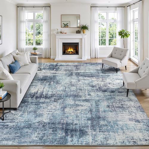 9x12 Area Rug for Living Room, Abstract Washable Non-Slip Large Rugs, Blue by Lofus