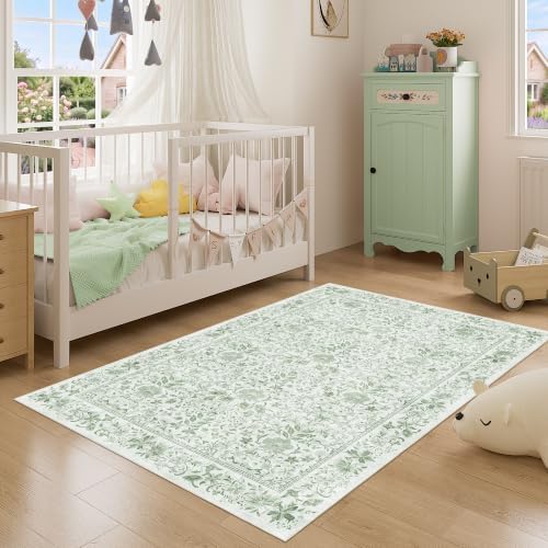 DUKINO 3x5 Rug Washable Vintage Floral Bedroom Area Rug Non Slip Sage Green - Image 3