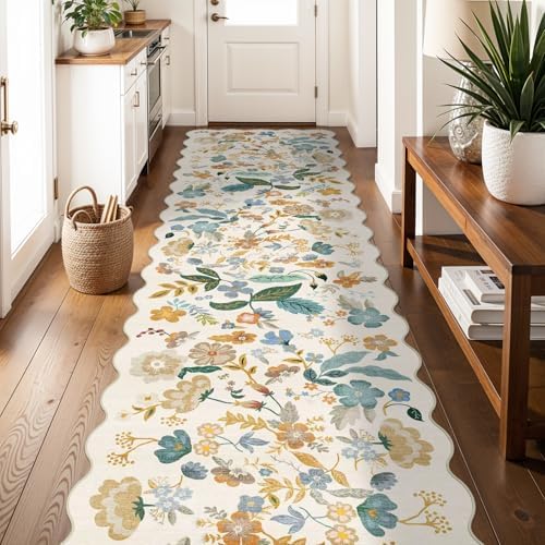 3x12 Washable Scalloped Floral Rug: Non Slip Long Hallway Runner Rug Cream by BYYVOORugsforYourHome
