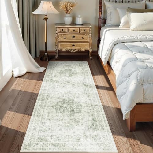 2x6 Washable Kitchen Runner Rug Non-Slip Medallion Green Throw Carpet - Image 3
