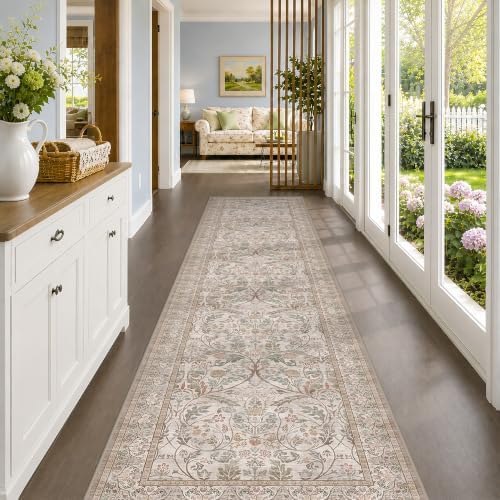 Vintage Floral Moss Green 2'6"x12' Hallway Runner Rug Non Slip - Washable 12 ft Extra Long Farmhouse Carpet, Neutral Taupe Brown Indoor Rug for Entryway, Kitchen by Evyhood