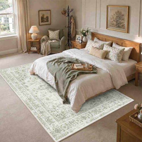 5x8 Washable Bedroom Area Rug Non-Slip Medallion Green Throw Carpet - Image 2
