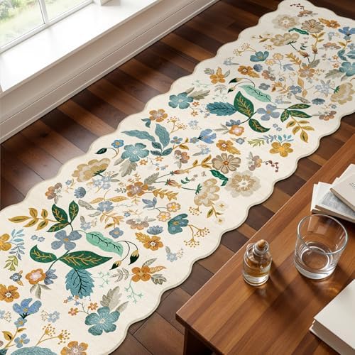 Washable 2x10 Runner Rug for Hallway: Floral Scalloped Kitchen Rugs Cream - Image 5