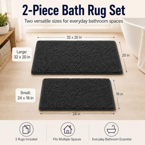 Bathroom Rugs Sets 2 Piece Thicken Chenille Bath Mats Set, Extra Soft and Absorbent Shaggy Rugs, Easy Wash and Dry, Perfect Plush Carpet Mats for Tub, Shower, Bathroom Mats, Washable Carpets Set - Image 2