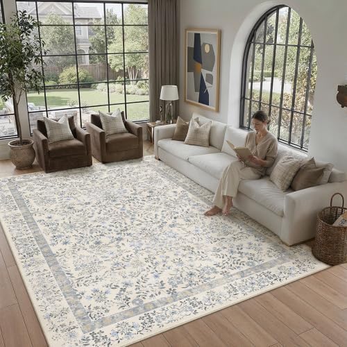 PureCozy 8x10 Blue Floral Area Rug Vintage Farmhouse Style - Image 2