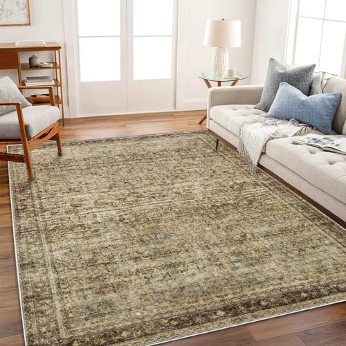 CHAMPLANT Area Rug 9x12 Washable Brown Vintage Traditional Mat Distressed Indoor Foldable Thin Retro Accent Floral Non Slip Carpet for Living Room Dining Room Office - Image 2