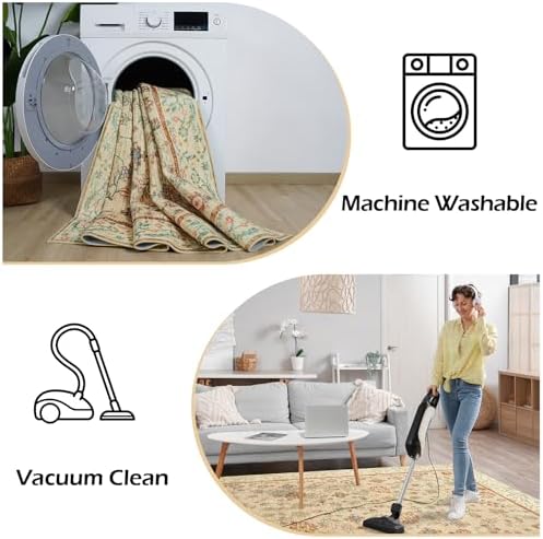 Goideal Beige Rug for Girls Room, 8x10 Floral Washable Area Rug Non Slip, Boho Low Pile Carpet with Rubber Backing for Bedroom Living Room Bathroom Playroom Nursery Office - Image 7