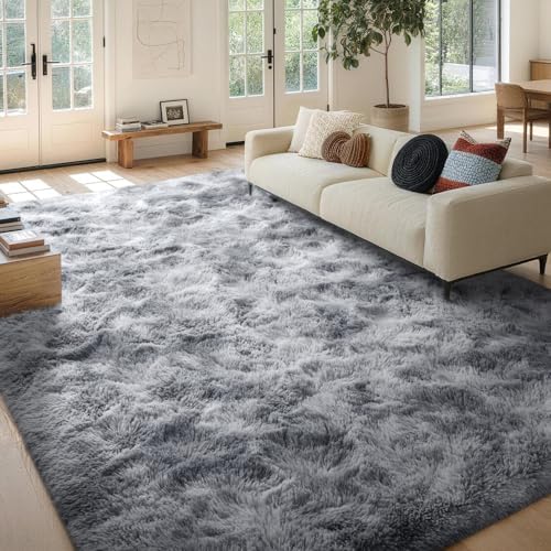 FinRèc Home 8x10 Non-Slip Fluffy Area Rugs for Living Room (Tie-dye Grey) - Image 2