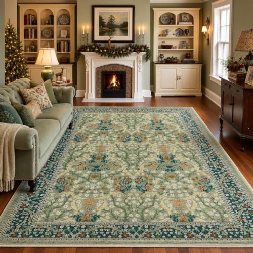 GarveeHome 6x9 Washable Area Rug for Living Room, Floral Dining Room Rugs for Under Table, Low Pile Non-Slip Stain Resistance Floor Carpet for Bedroom, Sage Green by GarveeHome