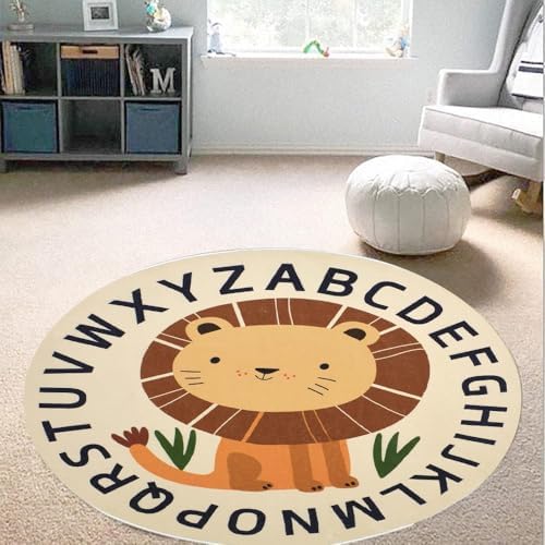 Kid Rugs Animal Play Rug 39.4" Round Lion Play Mat Soft Alphabet Educational Area Rug Nonslip Circle Baby Crawling Mat for Boys Girls Carpet for Kids Playroom Nursery by Poowe