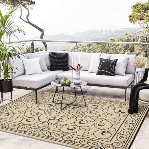 GAOMON Outdoor Rug Waterproof 9x12 Patio Rug Durable Indoor Outdoor RV Mat, Reversible Camping Carpet, Foldable Plastic Straw Rug for Patio, Porch, Deck, Balcony, Beach,Vintage-Black&Beige - Image 2