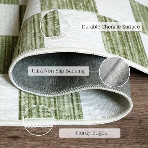Front Door Mat Indoor Entrance - 2x4.3 Ft Green White Checkered Rug - Image 3