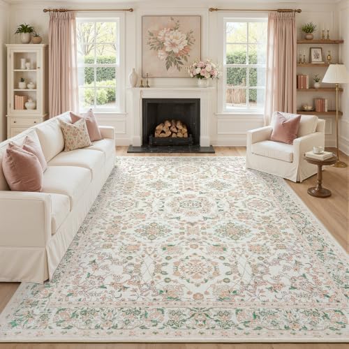 Lessymo Area Rugs 9x12 for Living Room,Large Washable Floral Carpet Pink by Lessymo