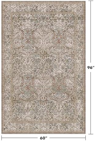 Dining Room Rugs for Under Table - 5x8 Washable Moss Green Oriental Area Rug for Living Room, Low Pile Non-Slip Floor Carpet for Bedroom - Vintage Brown Design & Stain Resistance - Image 3