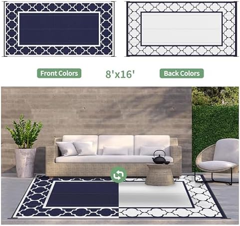 GENIMO Outdoor Rug, Waterproof Plastic Rugs 8'x16' for Camping Blue White - Image 6