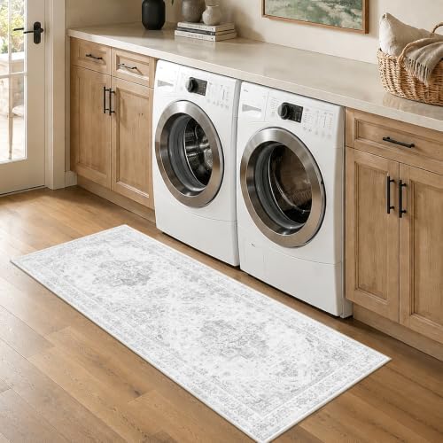 2x5 Washable Kitchen Runner Rug Non-Slip Medallion Gray Throw Carpet - Image 2