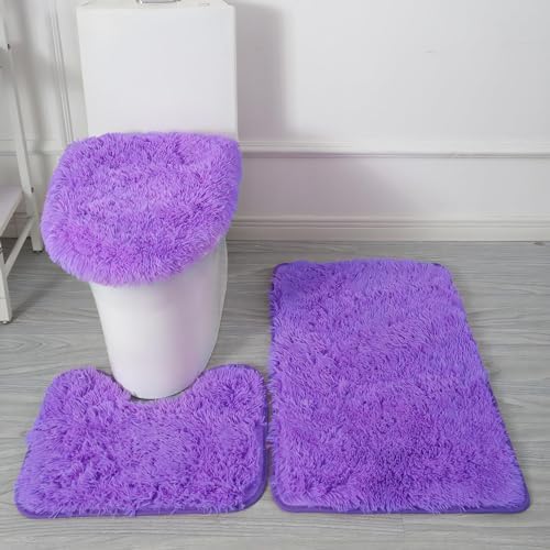 Purple Bathroom Rugs Sets 3Piece Bath Mat Solid Bath Rug Floor Mats Washable Shower Rug with U-Shaped Contour Rug Toilet Lid Cover by Eanpet
