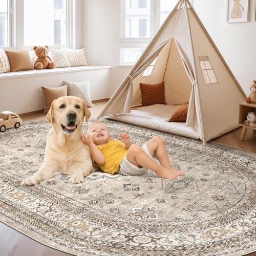 cotiled 6x9 Ellipse Area Rug for Living Room, Washable, Traditional, Beige - Image 5