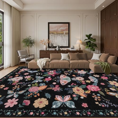 Area Rug 9x12 Living Room: Soft Floral Washable Boho Carpet Black - Image 2