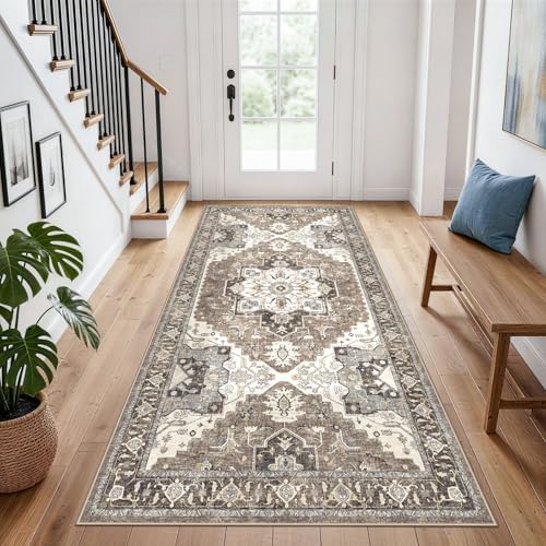 Hallway Washable 3x7 Runner Rug: Non-Slip Kitchen Rugs with Rubber Backing for Entryway Living Room Vintage Low Pile Stain Resistant Carpet for Bedroom Soft Thin Home Decor Mat for Bathroom(Beige,3x7) by RUUGME