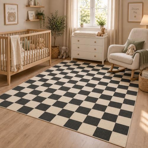 4x6 Checkered Area Rug for Living Room, Soft Low Pile Black & Beige rugs - Image 3