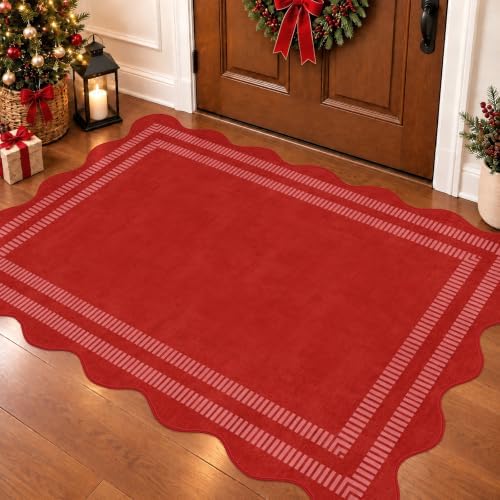 Washable 3x5 Christmas Rug, Soft Non Slip Indoor Door Mat Solid Red Entryway Rugs Stain Resistant Scalloped Carpet for Bedroom Kitchen Home Office by LORWER