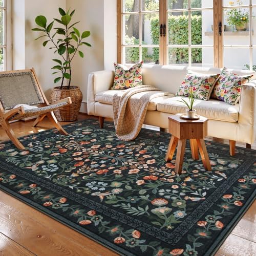 Lahome Black Floral Washable Area Rug 5x7, Vintage Boho Carpet by Lahome