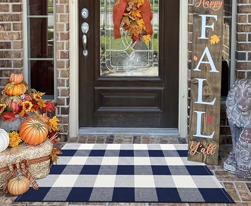 Fall Front Door Mat Outdoor 24"x35"Blue and White Buffalo Plaid Outdoor Rug - Image 6