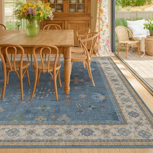 Boho 7x9 Living Room Rugs - Modern Dark Blue Dining Room Rug for Under Table, Lightweight Washable Foldable Low Pile Carpet, Eclectic Floral Bedroom Décor Aesthetic - Image 3