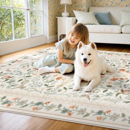 Lahome Beige Floral Washable Area Rug 8x10, Large Vintage Boho Carpet - Image 6