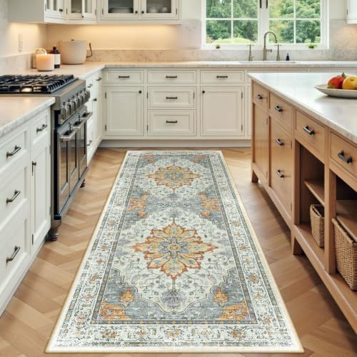 RELEANY Washable Area Rug, Runner 3'x8', Beige/Carbon Grey/Orange by RELEANY