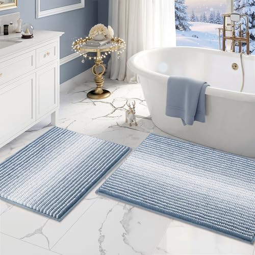 BSICPRO Bathroom Rugs Sets 2 Piece, Non Slip Striped Bath Mats, Fog Blue by BSICPRO