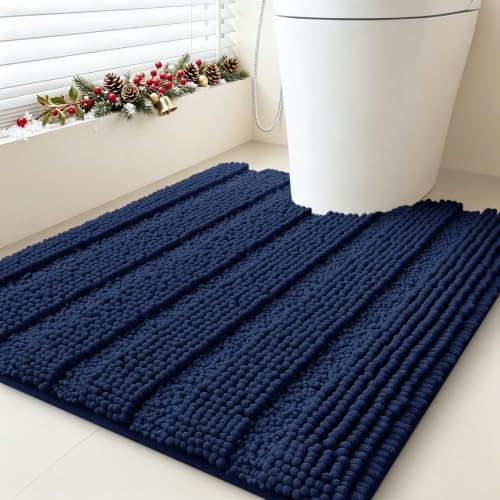 ACCUMTEK Striped Navy Blue Toilet Bathroom Rug Mat 24" x 20" Contour Rug Ultra Soft, Non Slip Chenille Bath Rugs, Absorbent Plush Shaggy Bath Mats for Bathroom, Bedroom, Kitchen, Shower, Tub by ACCUMTEK