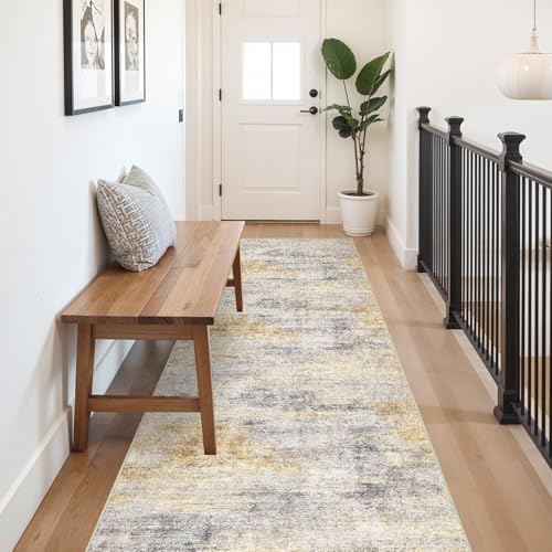3x10 Runner Rug Washable Abstract: Non Slip Hallway Floor Mat Grey/Yellow by Ksrau