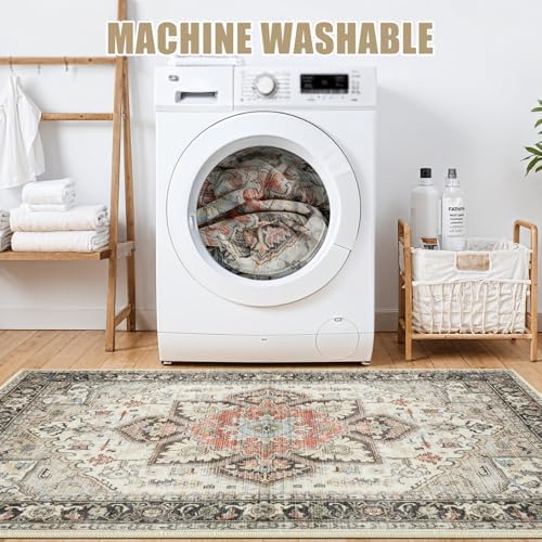 Vintage 9x12 Rugs for Living Room Washable Area Rug Multi Cream - Image 4
