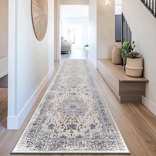 BESTSWEETIE Washable Boho 2x10 Runner Rug, No Pile, Living Room, Beige Blue by BESTSWEETIE