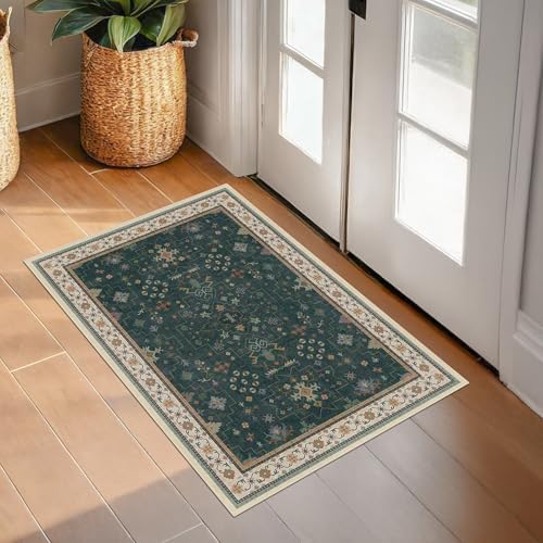 Dark Green 2x3 Door Mat Indoor Entrance Rug - Small Throw Area Rugs for Entryway, Kitchen, Bathroom, Bedroom, Laundry Room - Vintage Boho Eclectic Floral, Washable Low Pile Non-Slip - Image 6