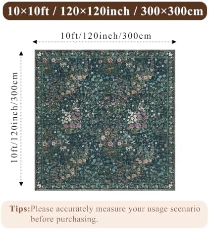 10x10 Square Area Rug Living Room: Boho Floral Washable Mat for Dining Room Bedroom Office High Traffic Area Soft Non Slip Low Pile Indoor Carpet for Vintage Farmhouse Home Decor (10ft Square, Green) - Image 2