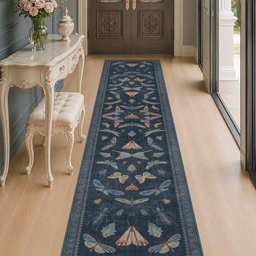 Vintage 2x10 Washable Entryway Indoor Runner Rug, Non Slip Carpet for Kitchen, Dark Blue Insect Moth Décor, Soft Low Pile Stain Resistant Mat by HazoHaus