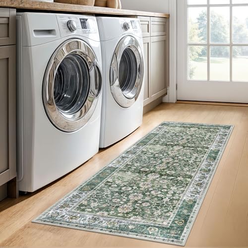 KUTA Runners for Hallways 2x5 ft Vintage Floral Washable Kitchen Rug Green - Image 4