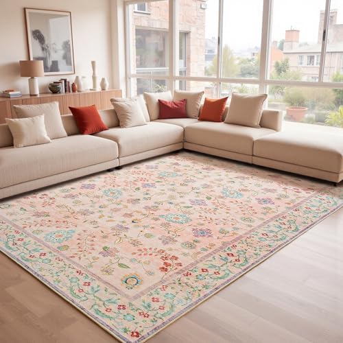 Goideal Pale Pink Rug for Girls Room, 5x7 Floral Washable Area Rug Non Slip, Boho Low Pile Carpet with Rubber Backing for Bedroom Living Room Bathroom Playroom Nursery Office - Image 2
