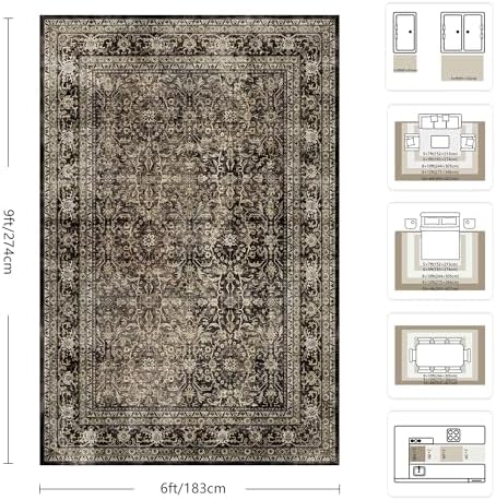 6x9 Area Rugs - Washable Vintage Retro Living Room Rug, Soft Ultra Thin Non Slip Low Pile Traditional Distressed Boho Carpet for Bedroom Dining Room Nursery Home Office, Brown - Image 2